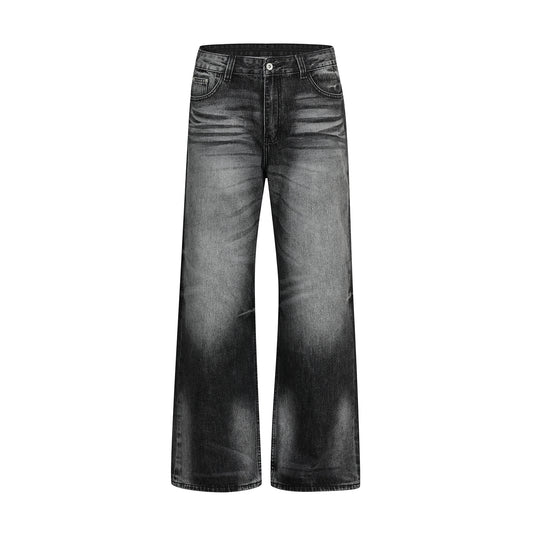 Retro Street Style Cat Whisker Pattern Loose Fit Men's Washed Black Flare Jeans