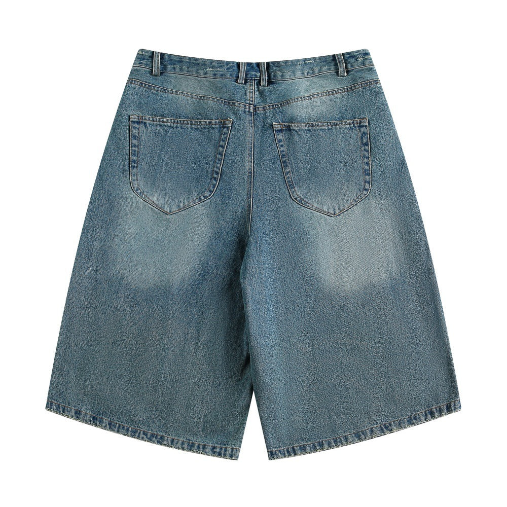 Men's Distressed Wide-Leg Denim Shorts with Frayed Hem