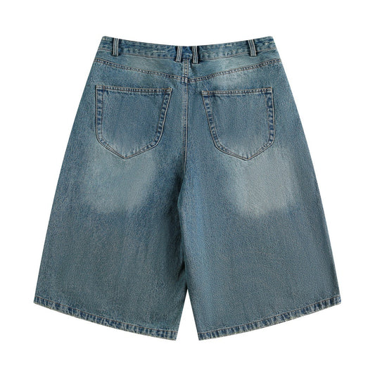 Men's Distressed Wide-Leg Denim Shorts with Frayed Hem