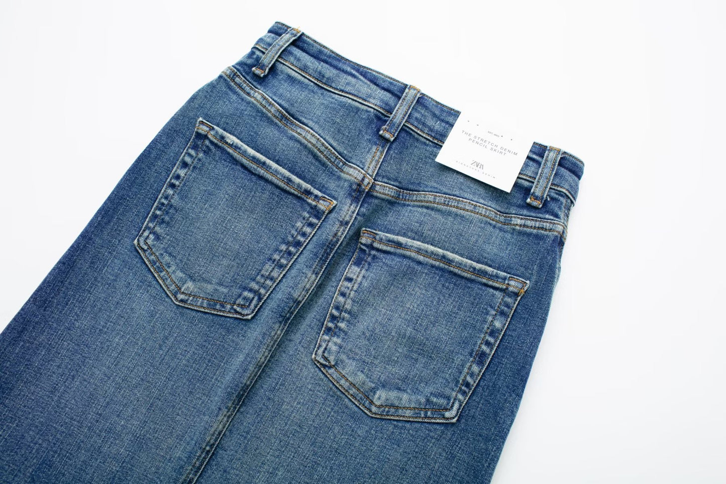 Women's High-Waisted Blue Denim Midi Skirt with Slit and Pockets