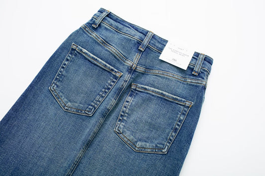 Women's High-Waisted Blue Denim Midi Skirt with Slit and Pockets