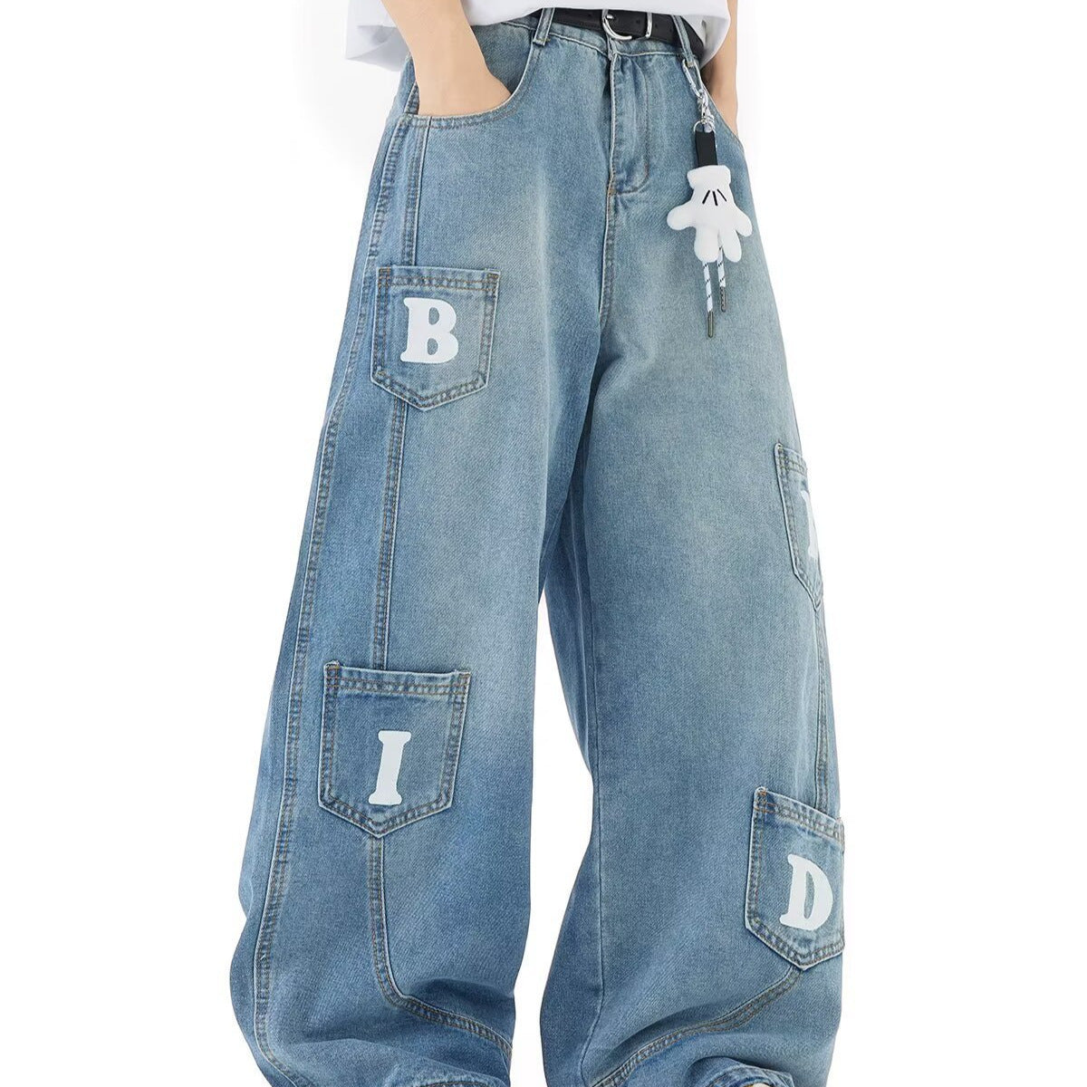 Washed Multi Pocket Design Curved Knife Denim Loose Pants