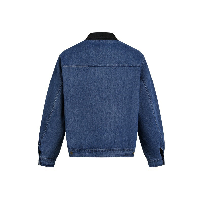 Washed Corduroy Collar Zipper Denim Jacket