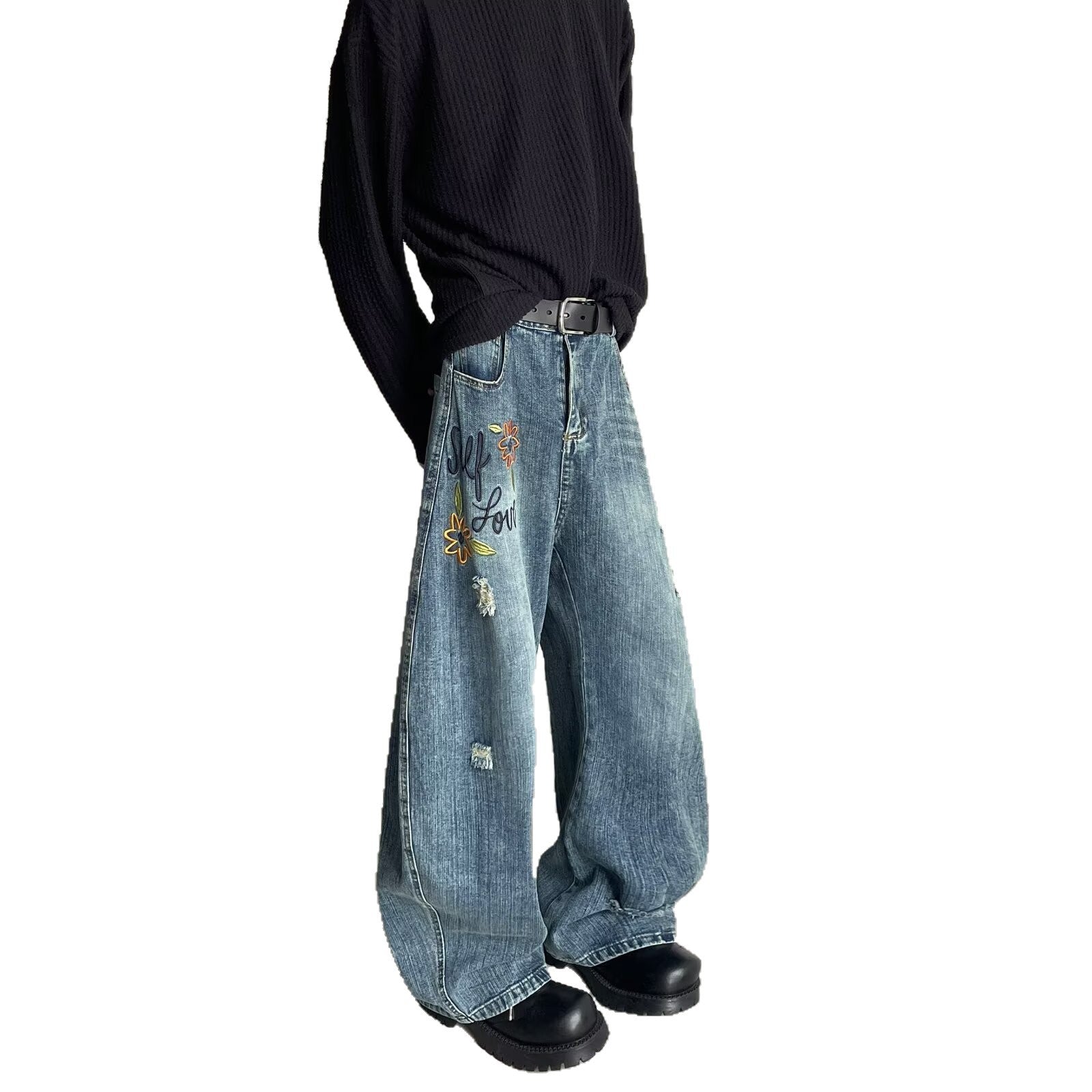 Flower Embroidery Curved Knife Denim Ripped Straight Tube Casual Pants