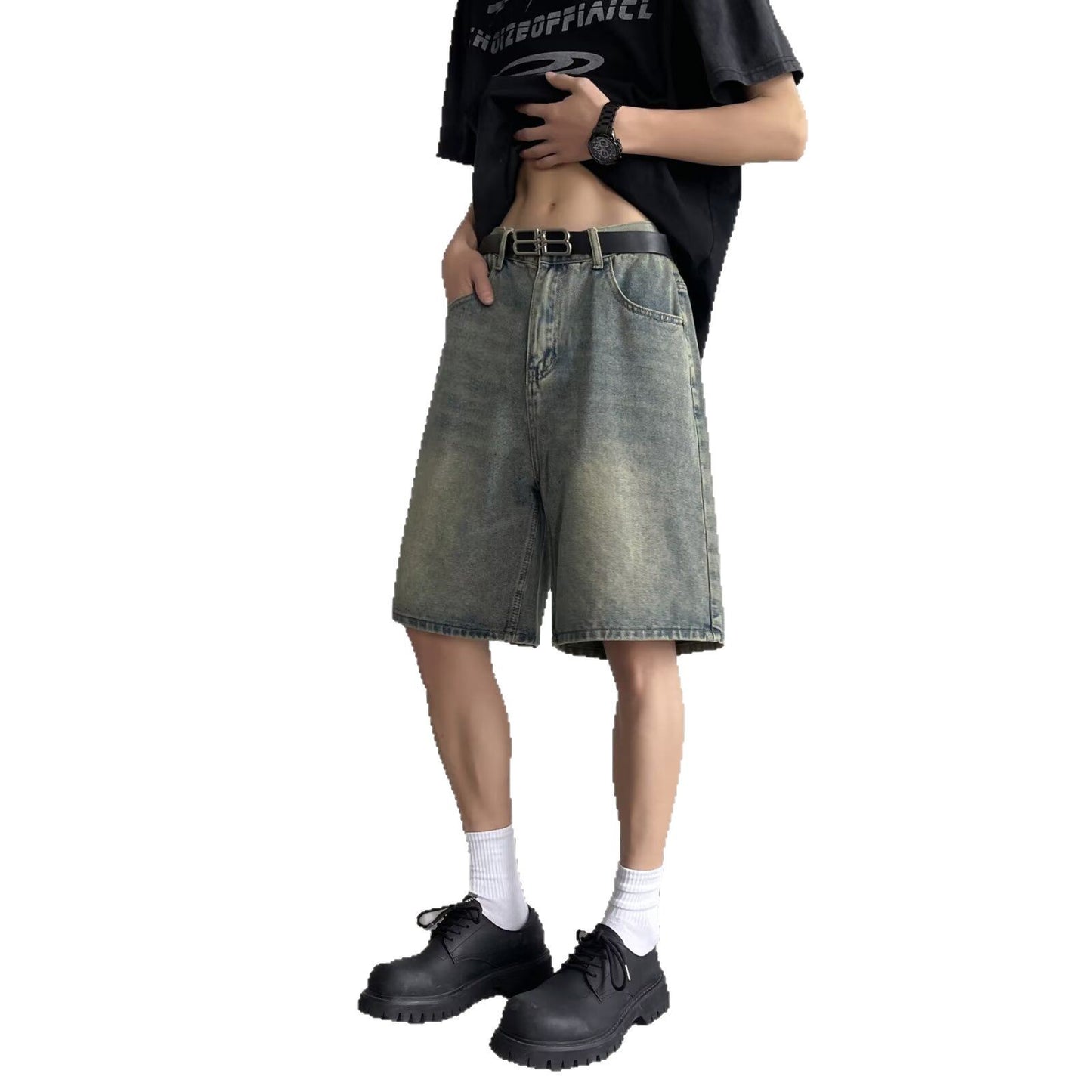 Washed Denim Loose Casual Straight Leg Cropped Pants