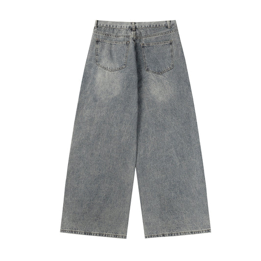 Washed Cross Patch Denim Loose Wide Leg Pants
