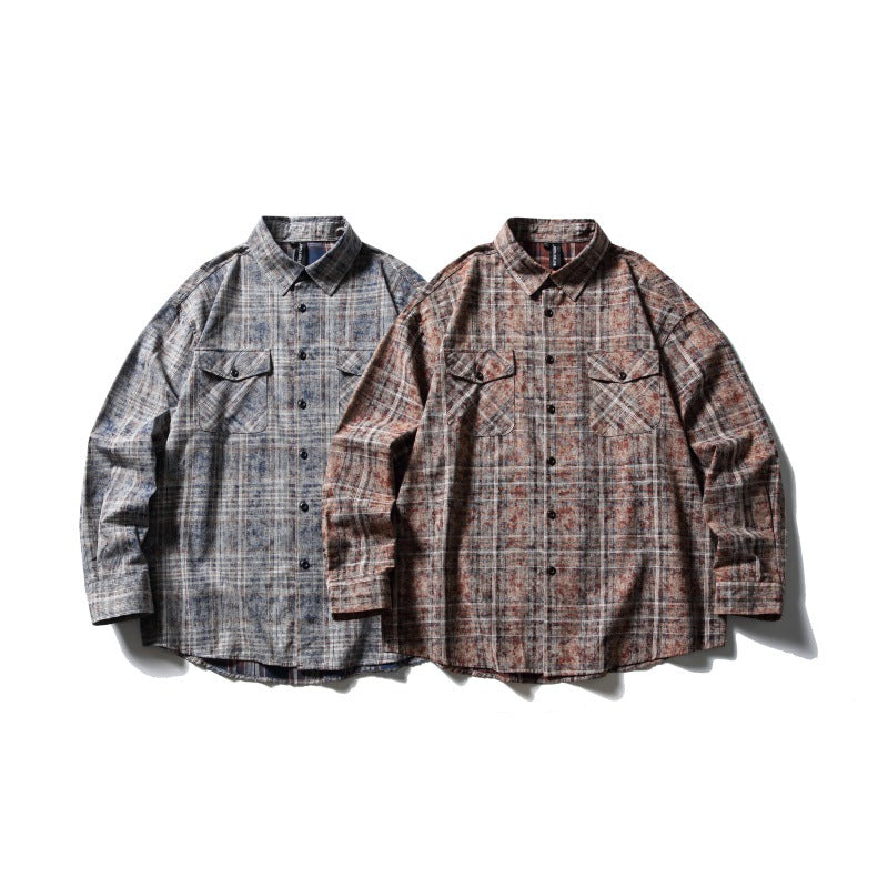 Spray Dyed Checkered Shirt Pocket Decoration Shirt