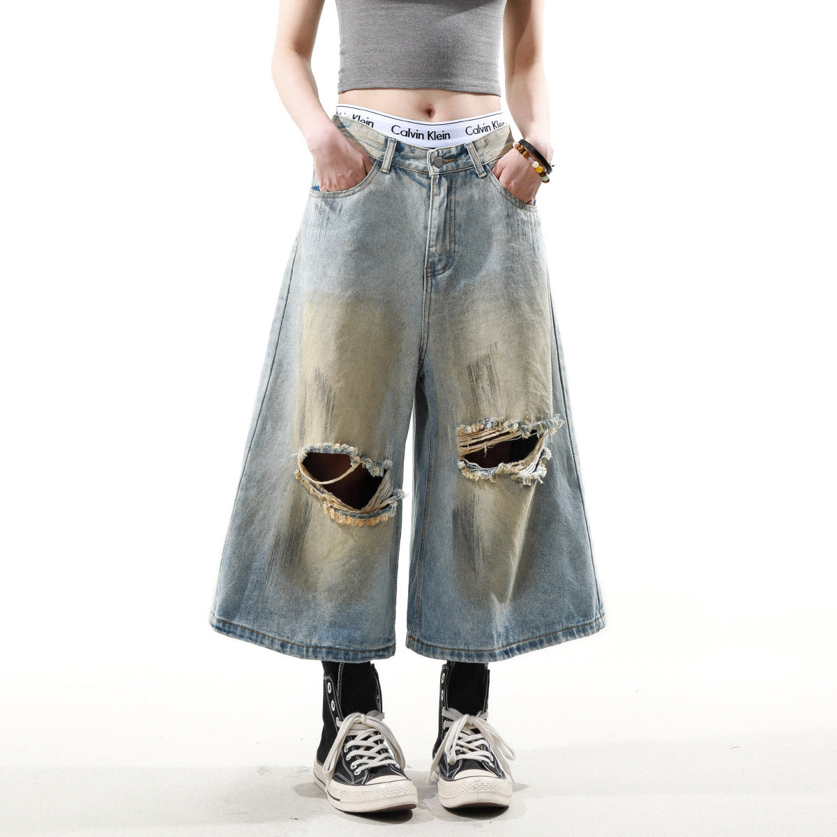 Hiphop Washed Ripped Design Loose Cropped Pants