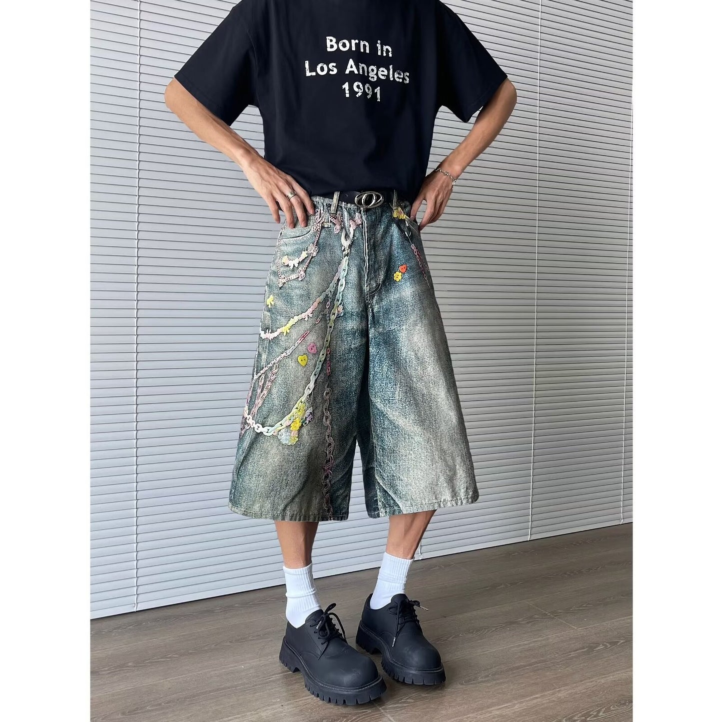 Vintage Chain Printed Denim Cropped Pants