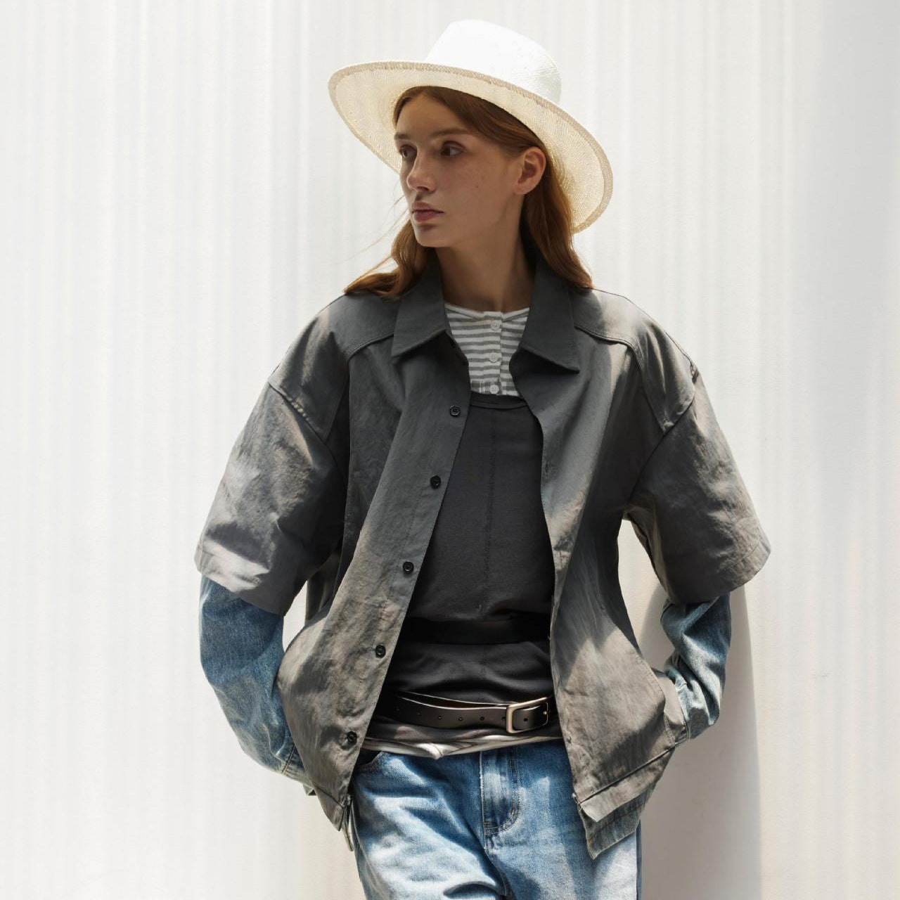 Spliced Faux Two Denim Shirts with Retro Loose Fit