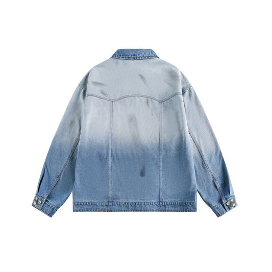 Chrysanthemum Embroidery Loose Washed Gradient Denim Jacket