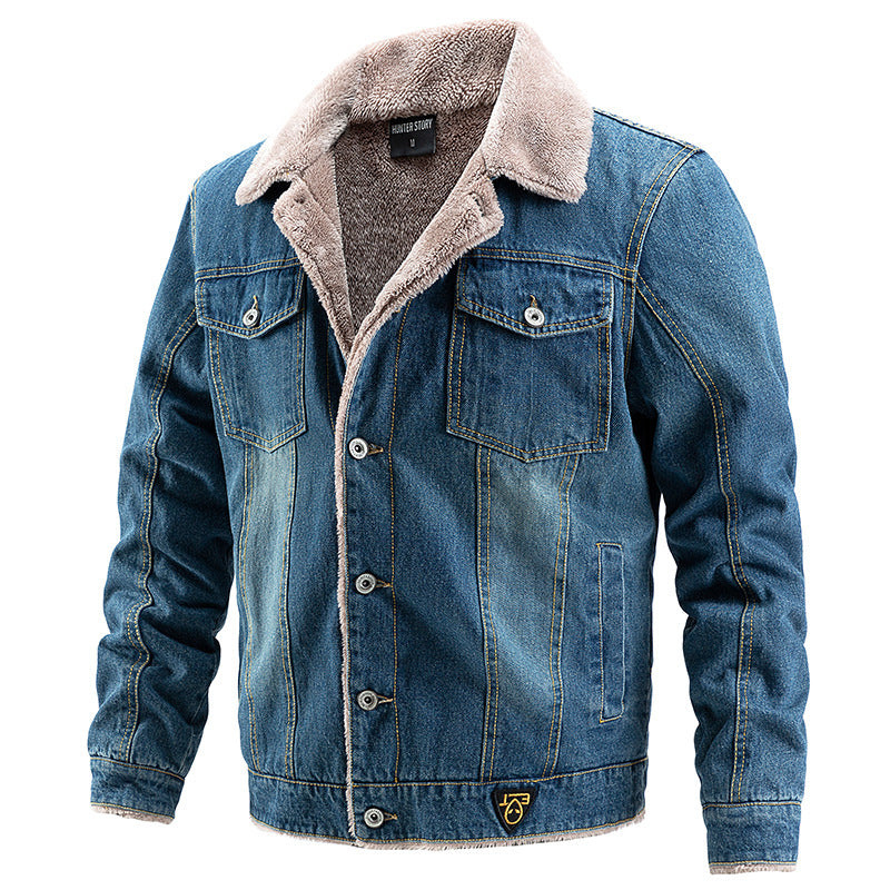 Men's Thick Plush Denim Jacket for Casual Wear