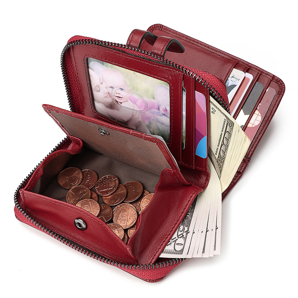 RFID Leather Wallet Cowhide - Zipper Buckle Bag