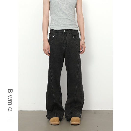 Retro Spliced Beaded Denim Trousers for Men - Loose Flared Straight Leg Design