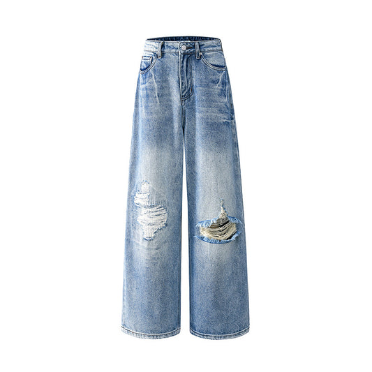 Women's Ripped Straight Leg Jeans - Washed Vintage Loose Wide Leg Pants