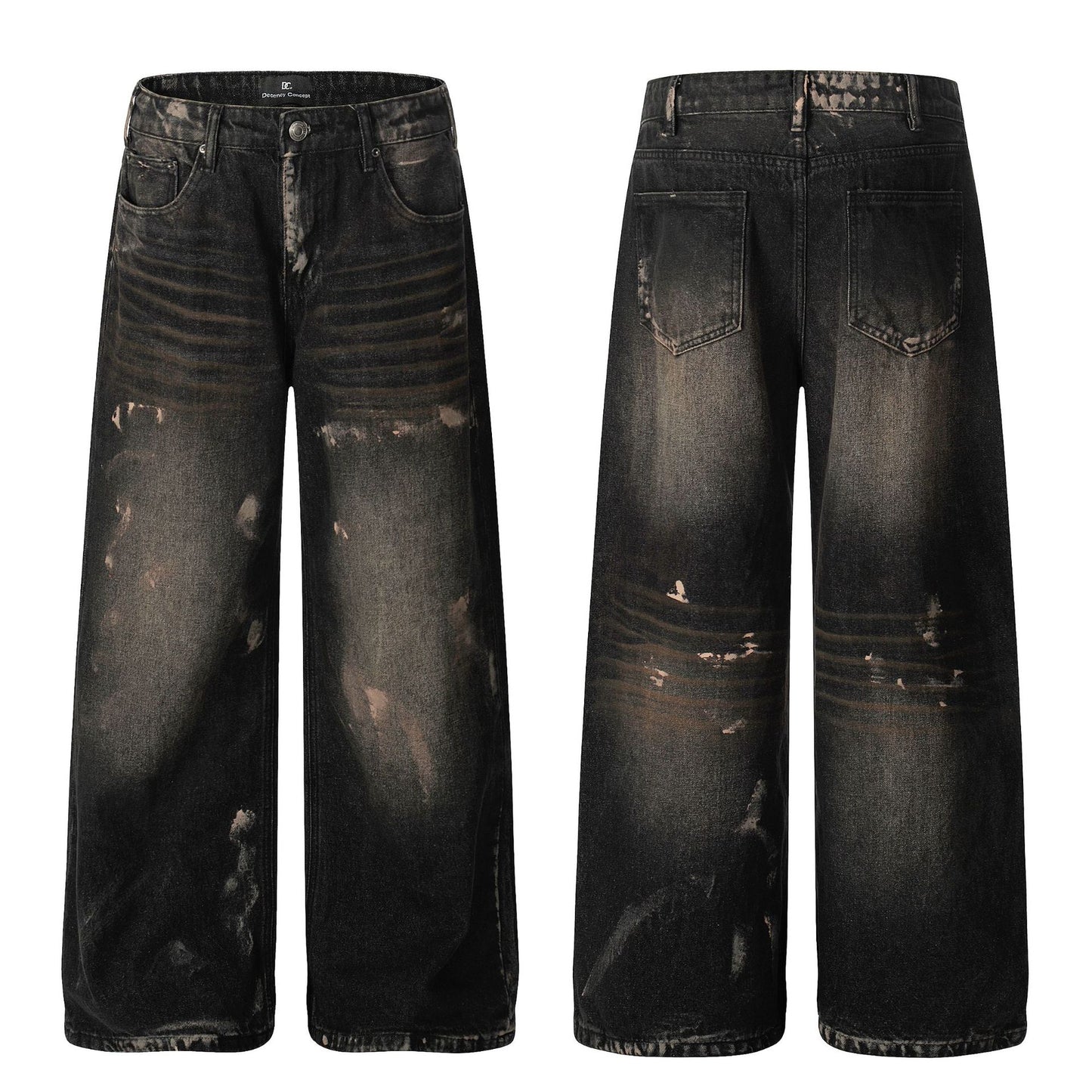 Retro Unisex  Washed Black Splatter Design Men's Loose Wide-Leg Jeans
