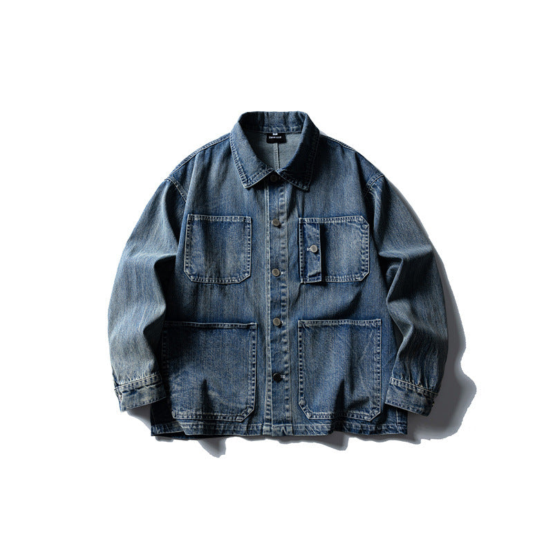 Trendy Washed Old Multi-Pocket Workwear Denim Jacket for Men