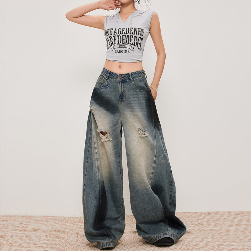 Women's Distressed Slash Denim Pants - Vintage Loose Wide Leg Trousers