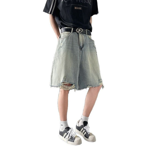 Ripped Denim Relaxed Fit Five-Quarter Pants