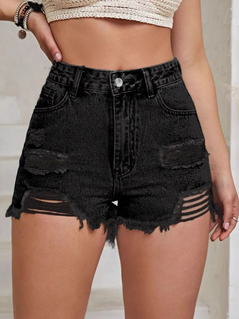 Distressed Raw Hem High Waist Denim Shorts