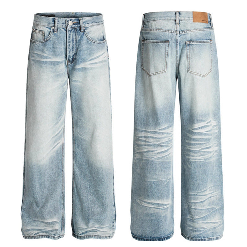 Premium Washed Scratched and Ground White Straight Leg Jeans