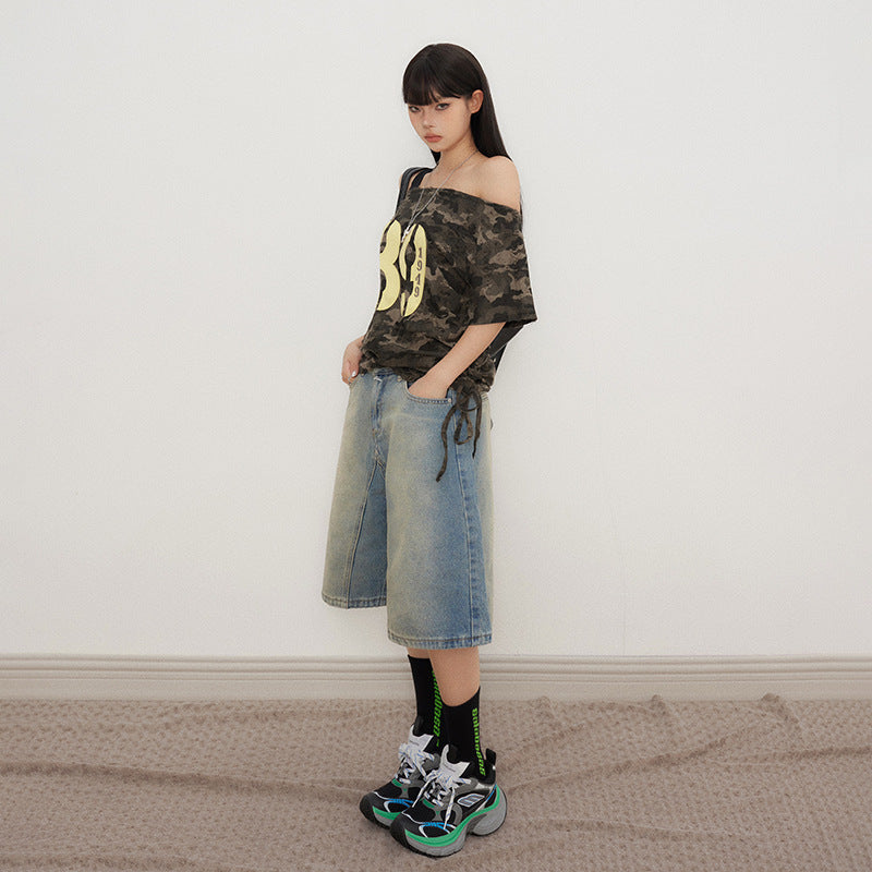 Women's Loose Wide-Leg Denim Shorts with Gradient Finish