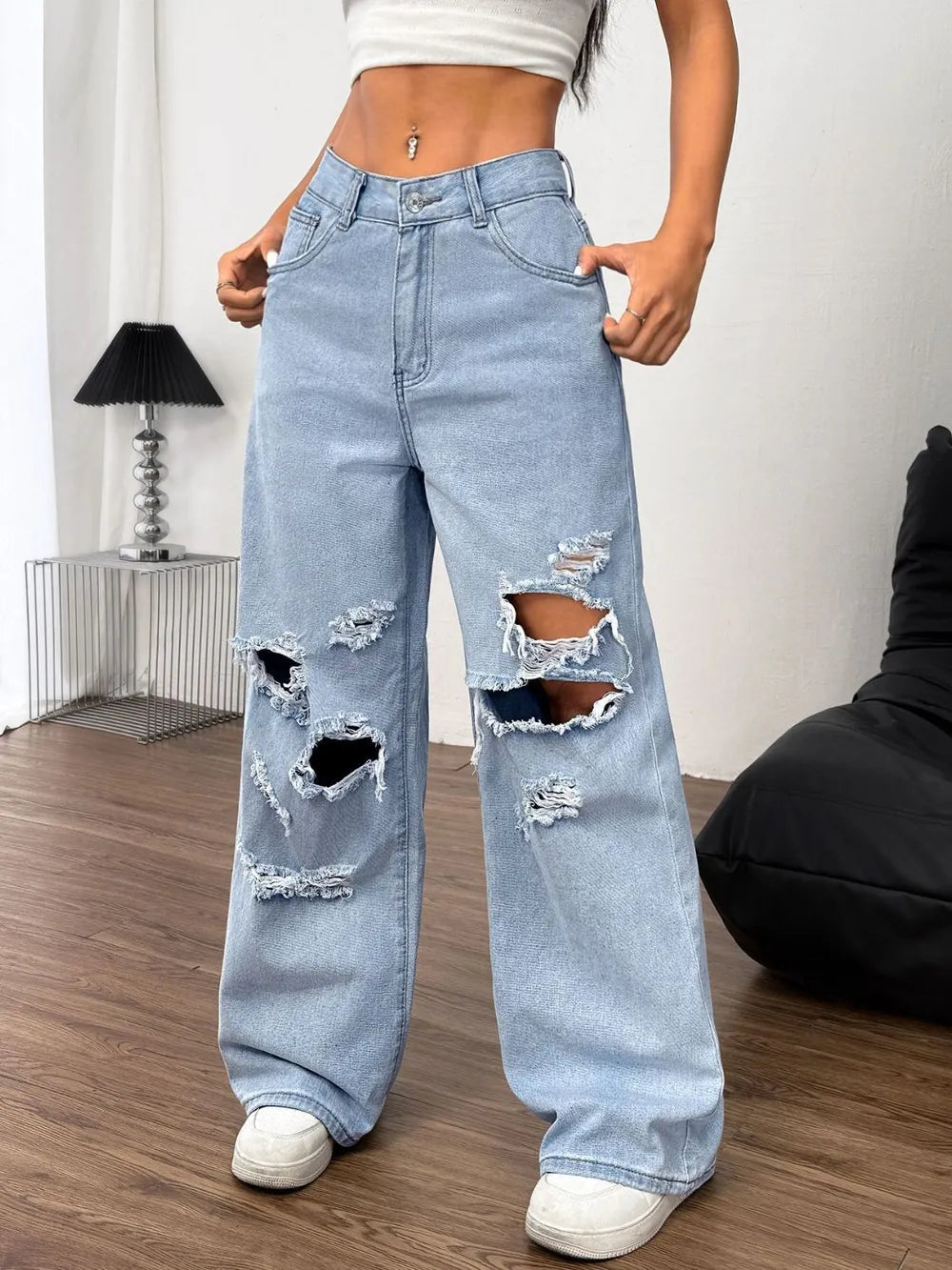 Ripped Wide Leg Jeans with Pockets - Premium Japanese Denim