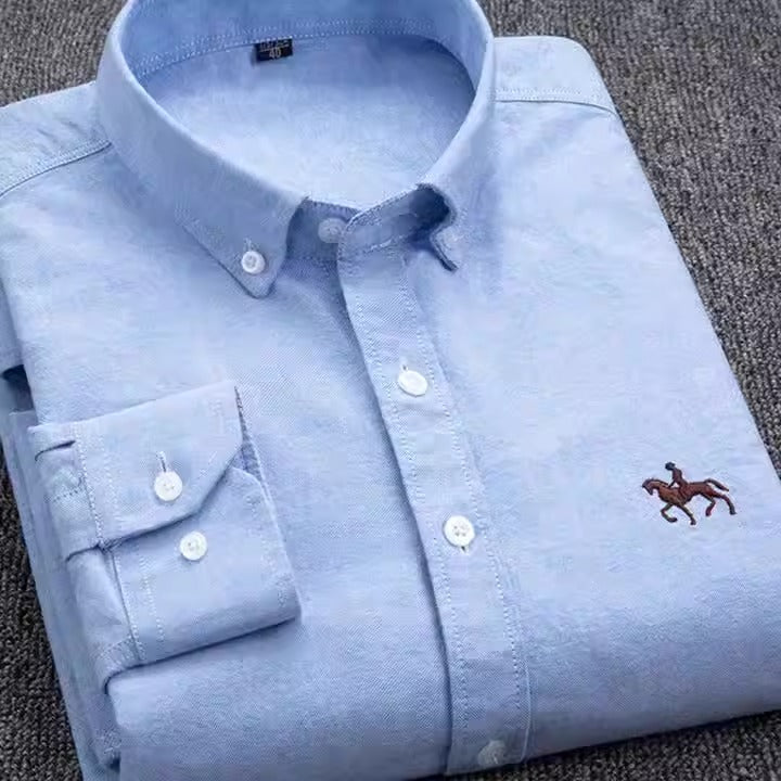 Pure Cotton Men's Long-Sleeved Oxford Shirt - Embroidered Logo