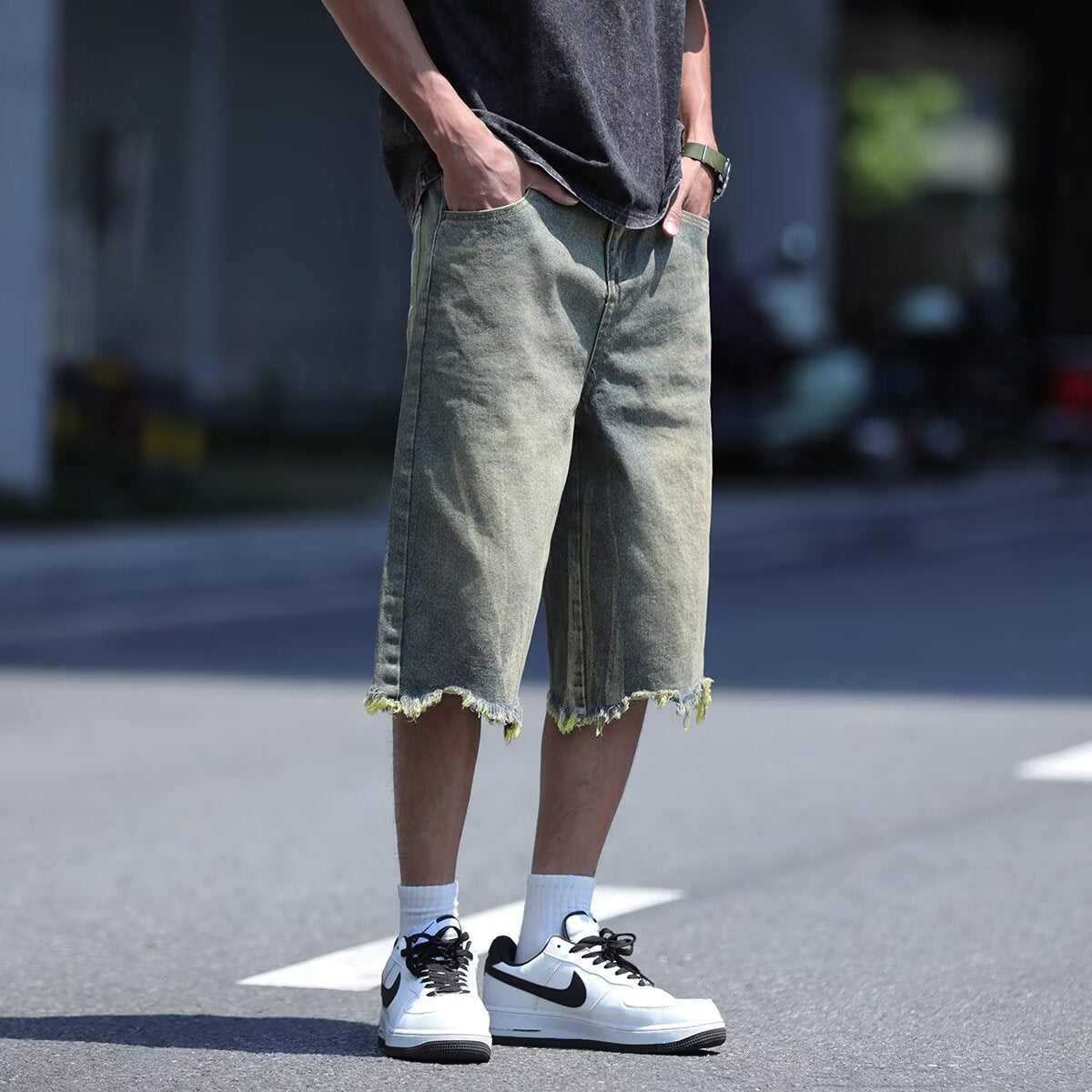 Washed Embroidered Fringed Denim Loose Straight Leg Seven Quarter Pants