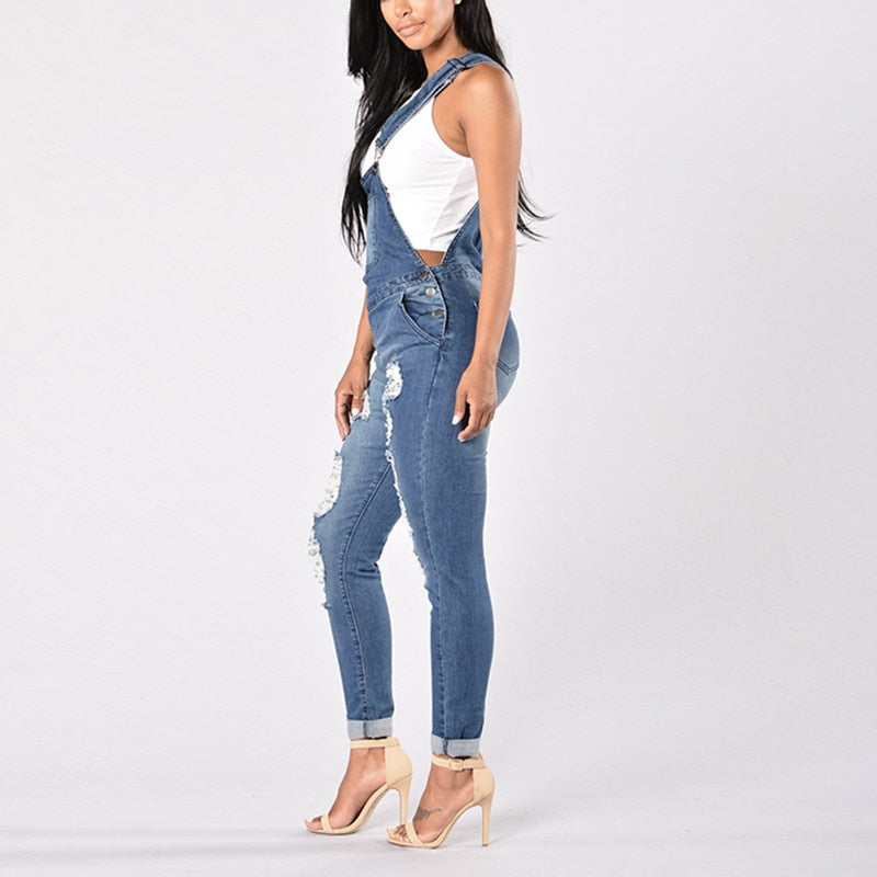 Women's Cool Denim Jumpsuit with Ripped Holes