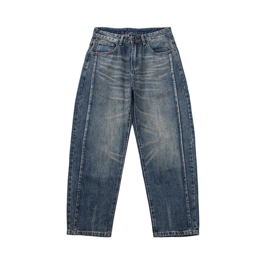 High-End Design Patchwork Cut Washed Loose Fit Denim Pants for Men