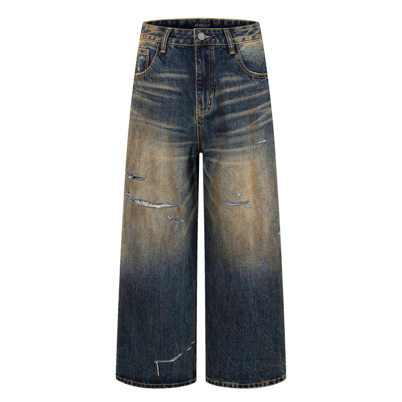 Vintage Washed Ripped Street Style Dagger Cut Denim Pants - Unisex Loose Fit Wide Leg Trousers