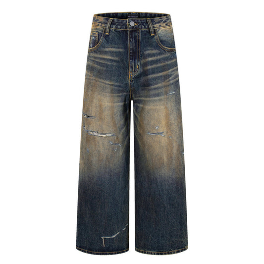 Vintage Washed Ripped Street Style Dagger Cut Denim Pants - Unisex Loose Fit Wide Leg Trousers