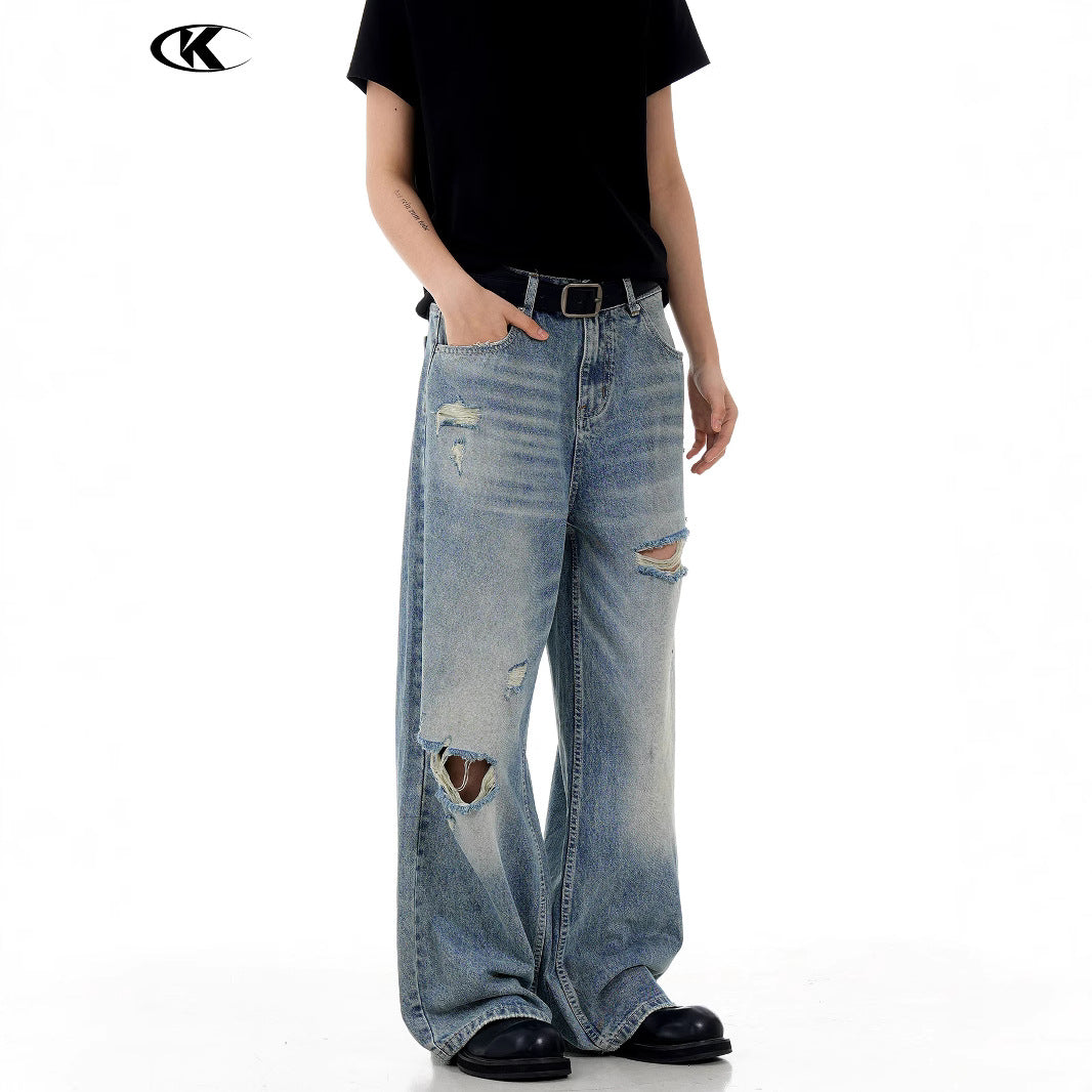 Blue Straight Hole Denim Pants for Men and Women - Loose Fit A-Line Wide Leg Casual Long Trousers