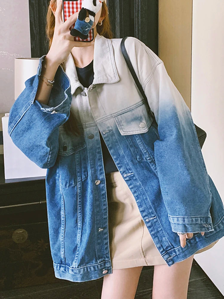 Gradient Blue Denim Jacket for Women – Stylish Long Sleeve Loose Streetwear Coat for Autumn/Winter