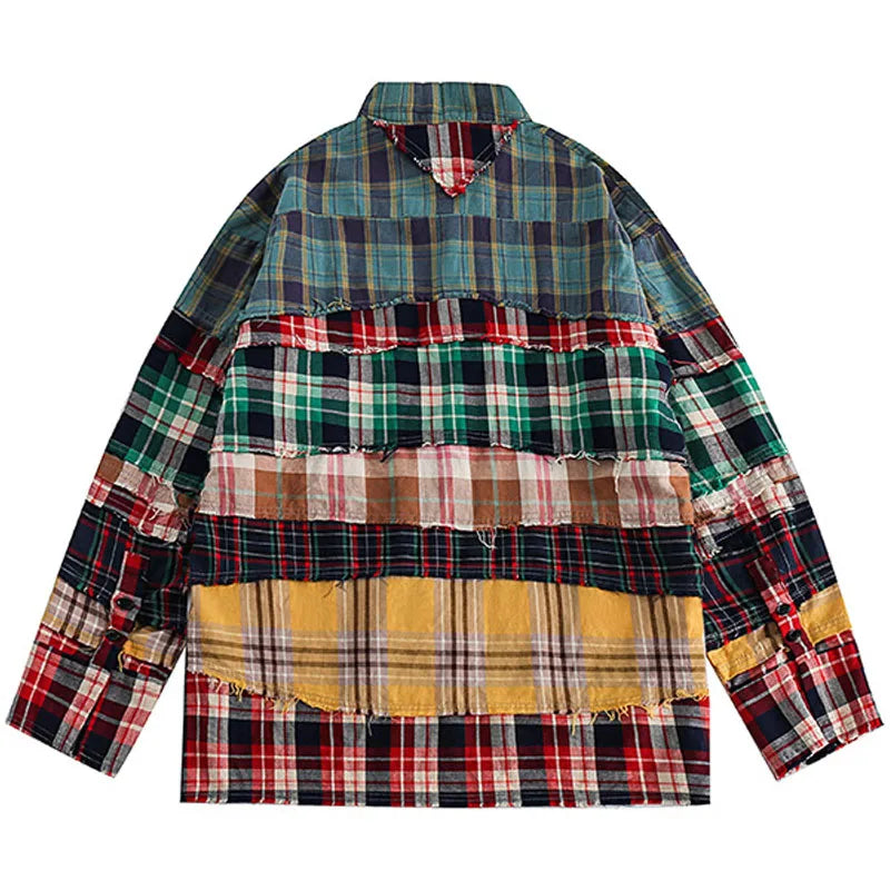 Streetwear Broken Patchwork Plaid Shirts for Men