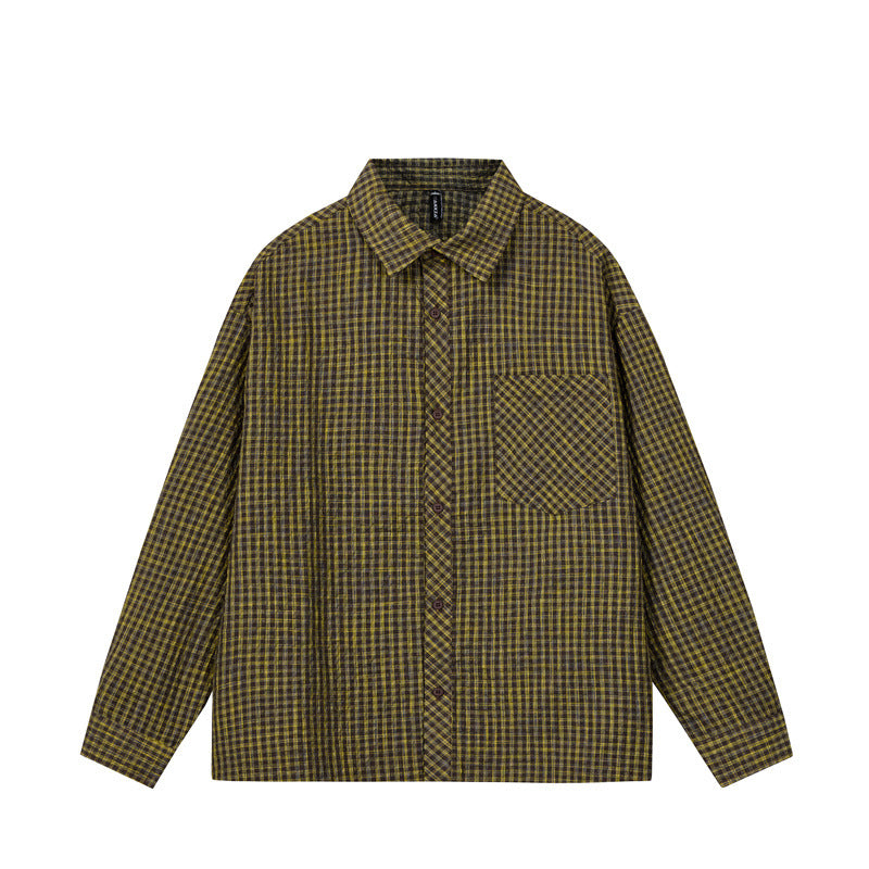 Solid Color Plaid Lapel Casual Shirt for Men and Women