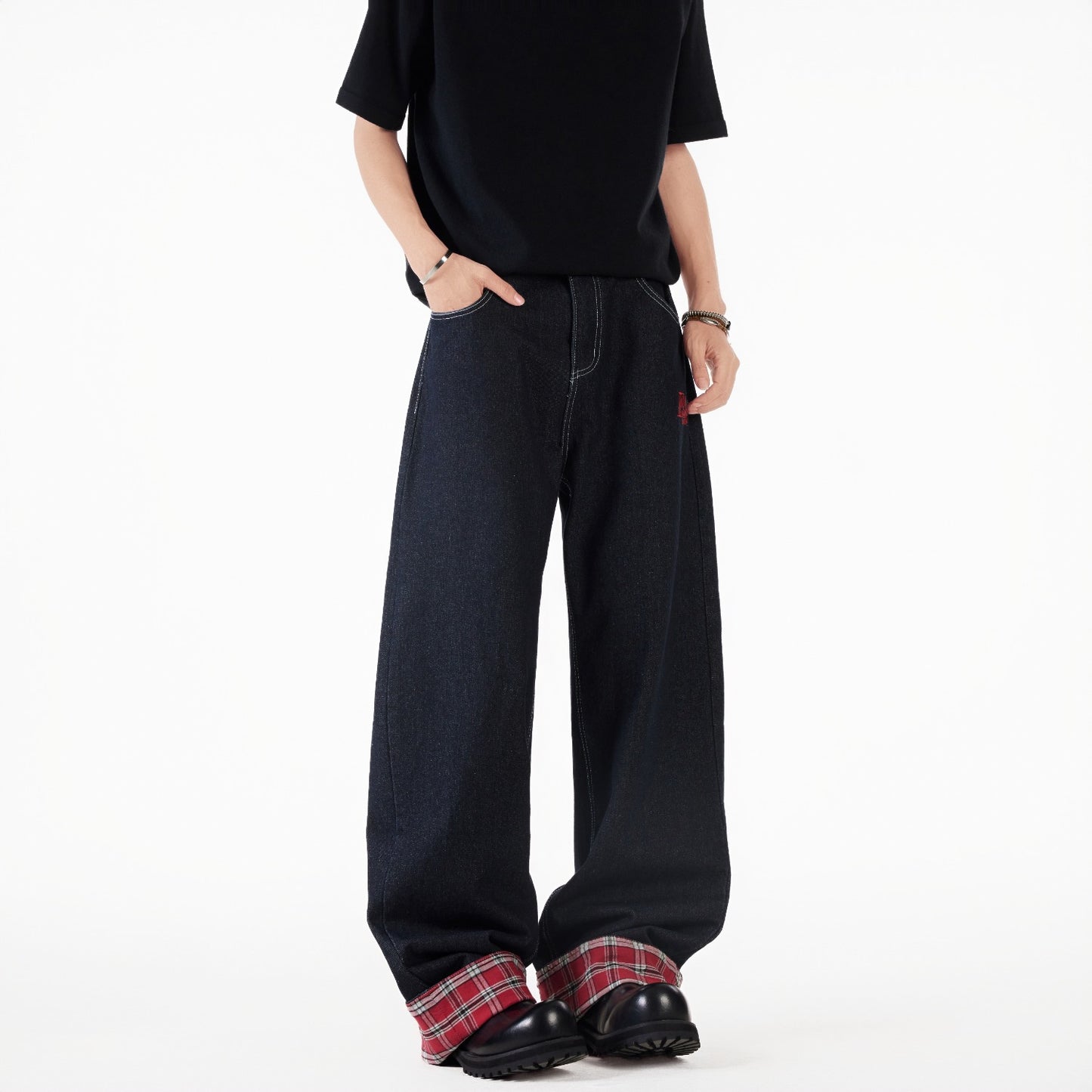 Grid Splicing Rolled Edge Jeans - Straight Leg Loose Pants