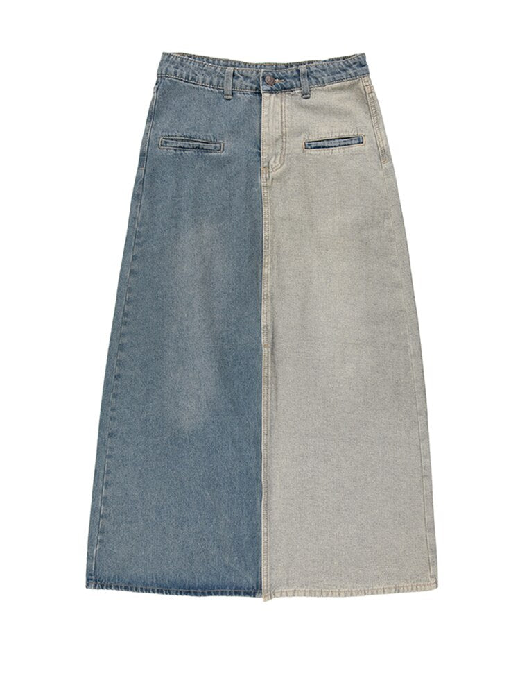Large Women's Denim Skirt with Color Block Design – Vintage Knee-Length