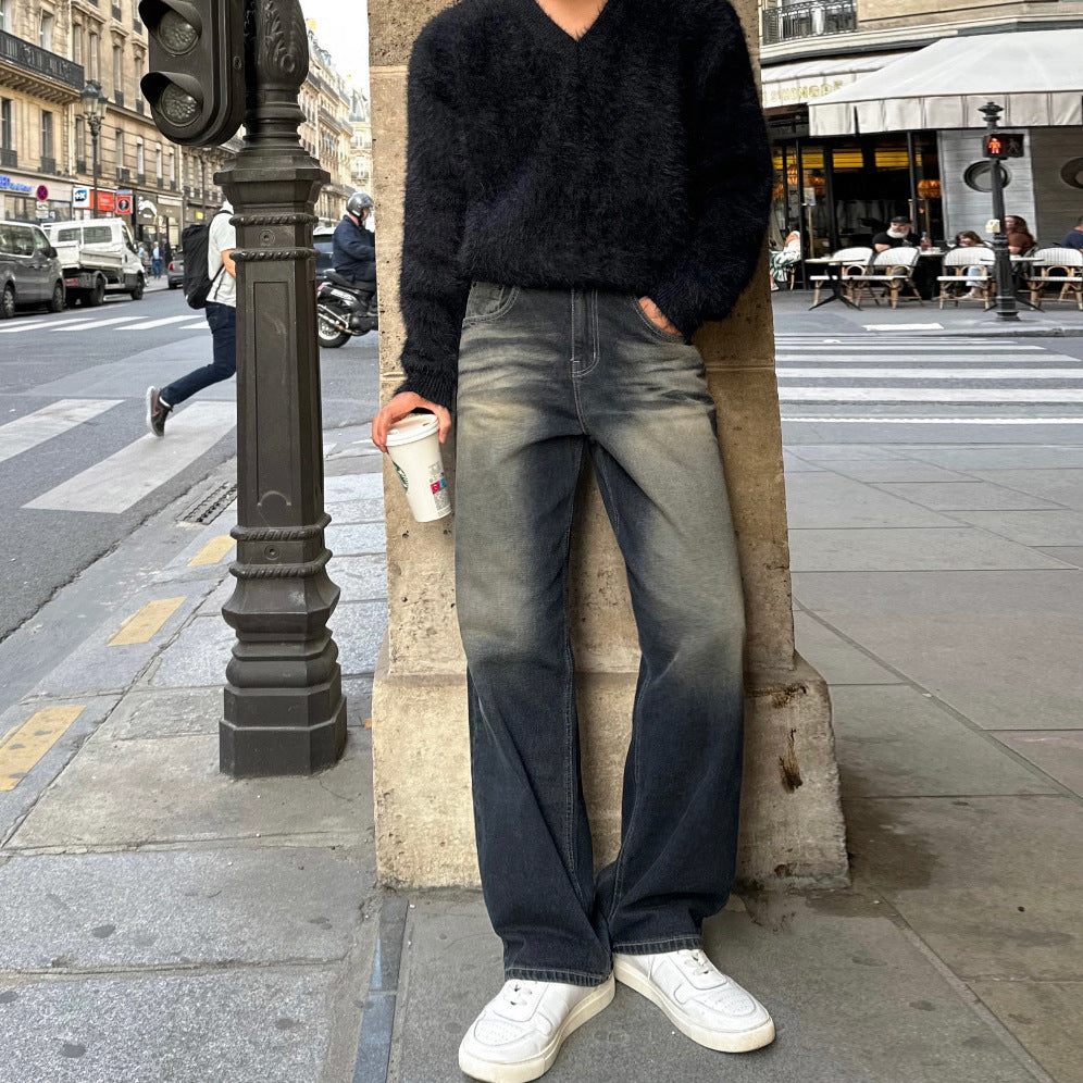 Vintage Distressed Straight Leg Jeans for Men - Loose Thick Long Pants