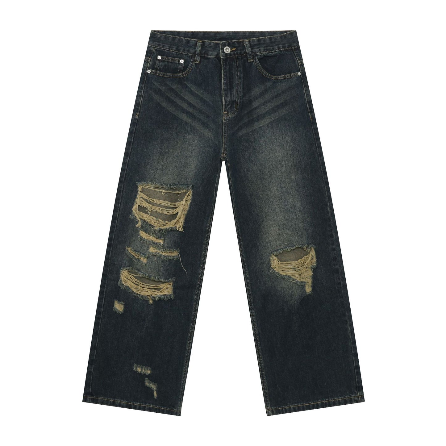 American High Street Retro Distressed Denim Trousers - Men's Straight Loose Wide-Leg Pants