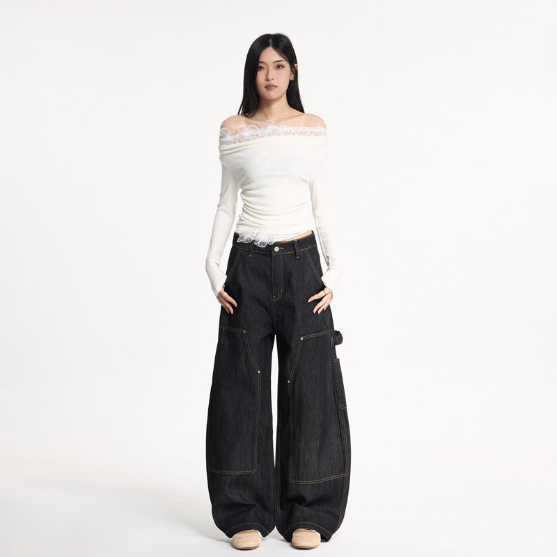Women's Wide-Leg Original Black Denim Pants - Loose Casual Versatile Long Trousers