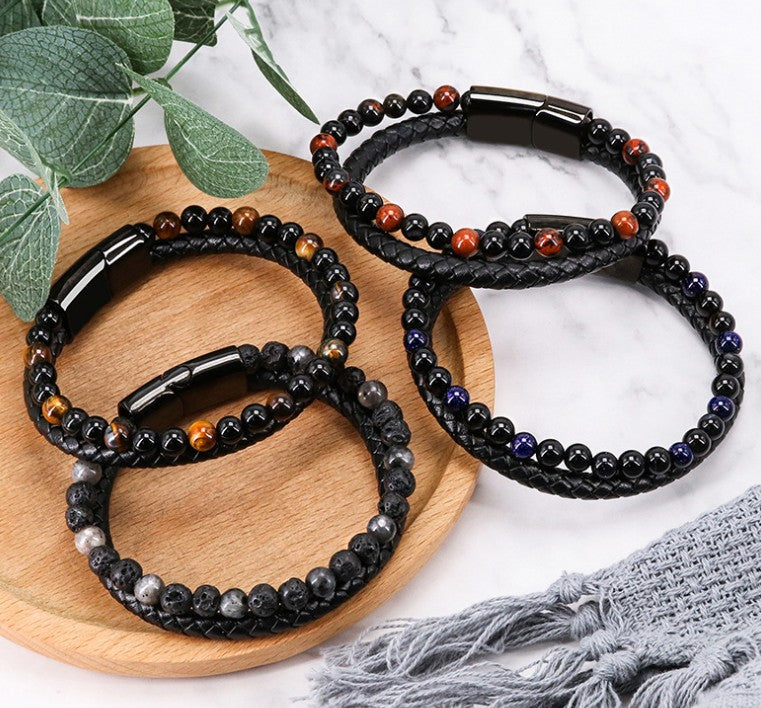 Natural Stone Bracelets Genuine Leather Braided Bracelet Black Stainless Steel Magnetic Clasp Tiger Eye Bead Bangles Men's Jewelry