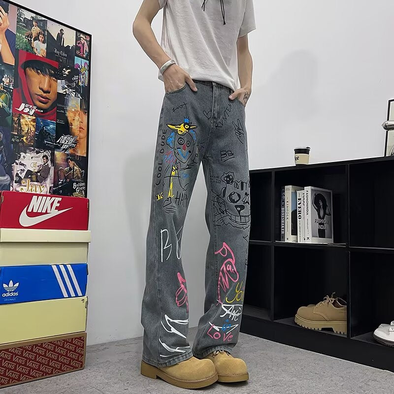 Graffiti Denim Casual Wide Leg Pants