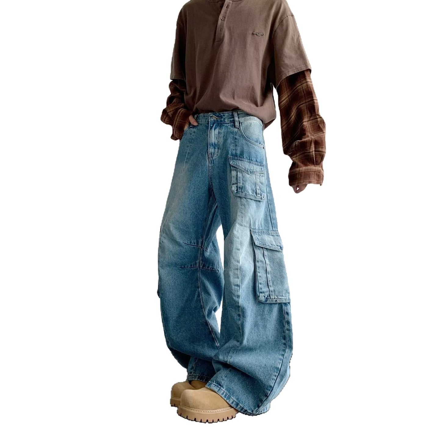Multi Pocket Curved Knife Denim Loose Wide Leg Work Pants