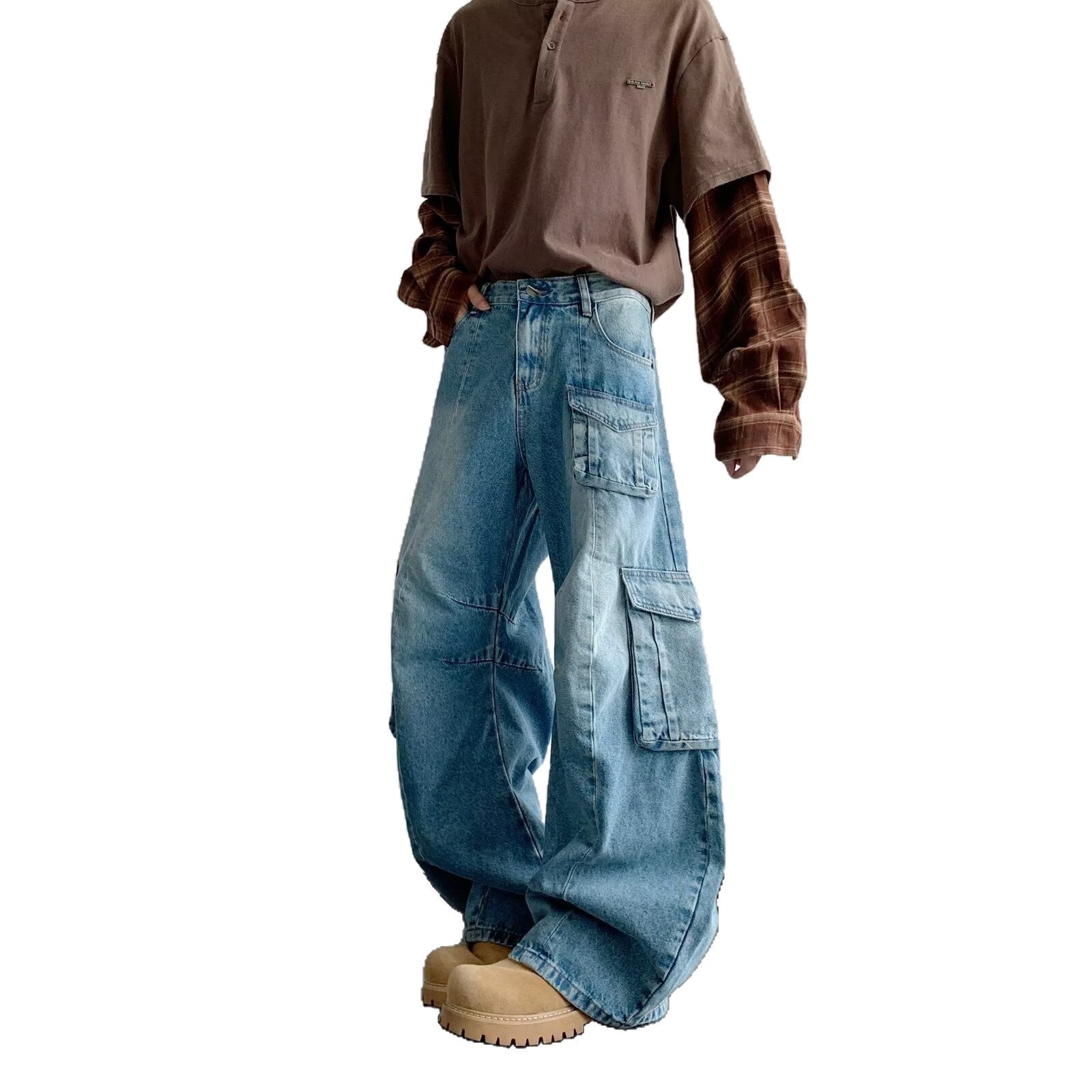 Multi Pocket Curved Knife Denim Loose Wide Leg Work Pants
