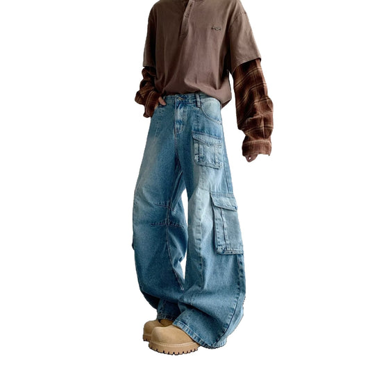 Multi Pocket Curved Knife Denim Loose Wide Leg Work Pants