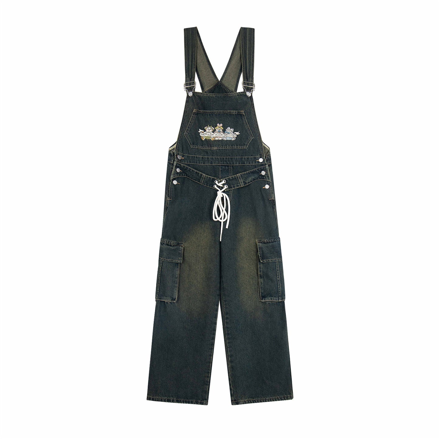 Unisex Cartoon Embroidered Denim Overalls with Water-Washed Finish