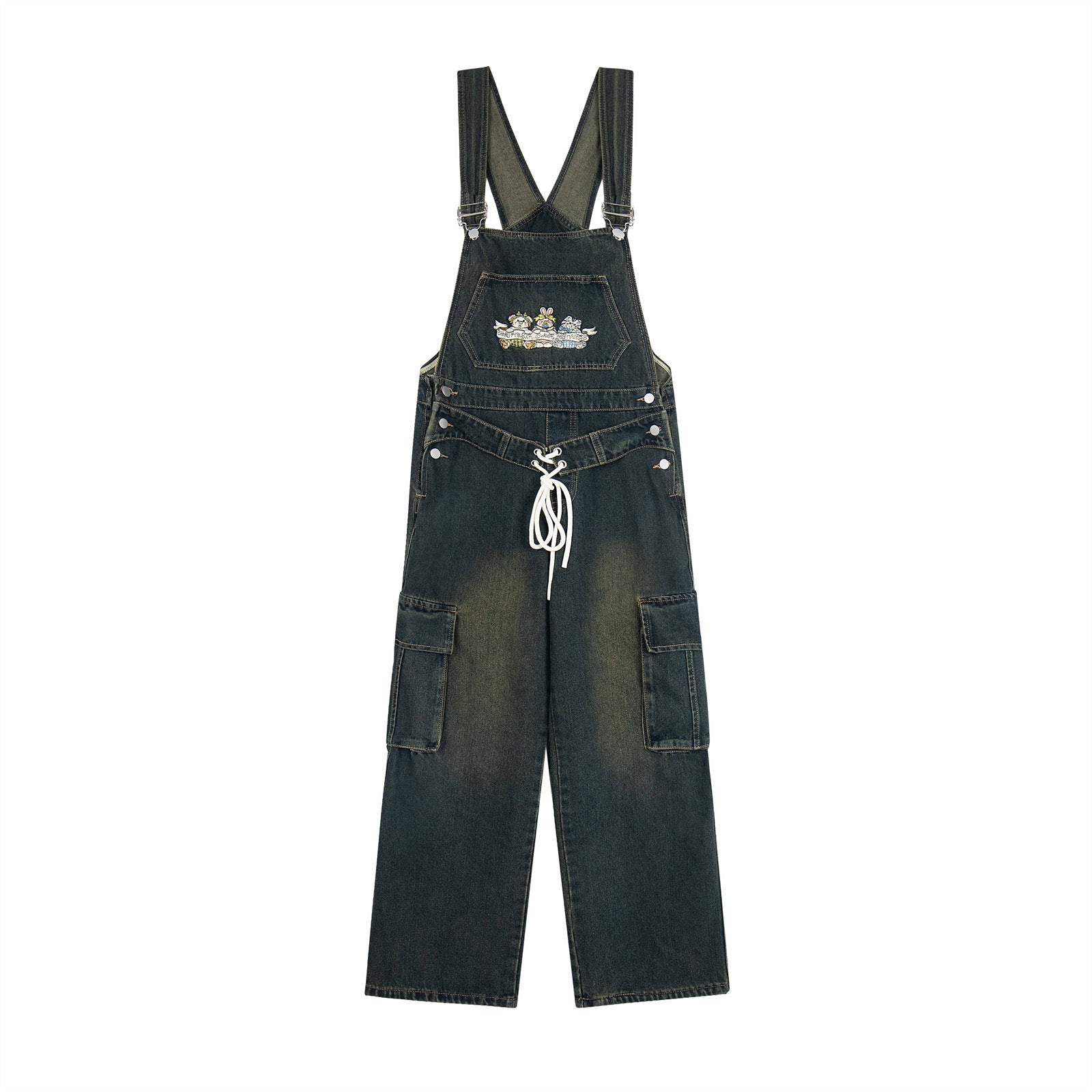 Unisex Cartoon Embroidered Denim Overalls with Water-Washed Finish