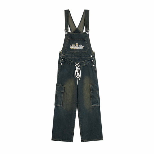 Unisex Cartoon Embroidered Denim Overalls with Water-Washed Finish
